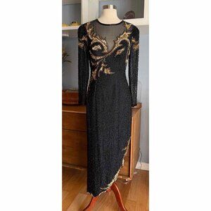 Vintage Lillie Rubin Beaded Sequin Illusion Black Gold Formal Gown Dress Sz M